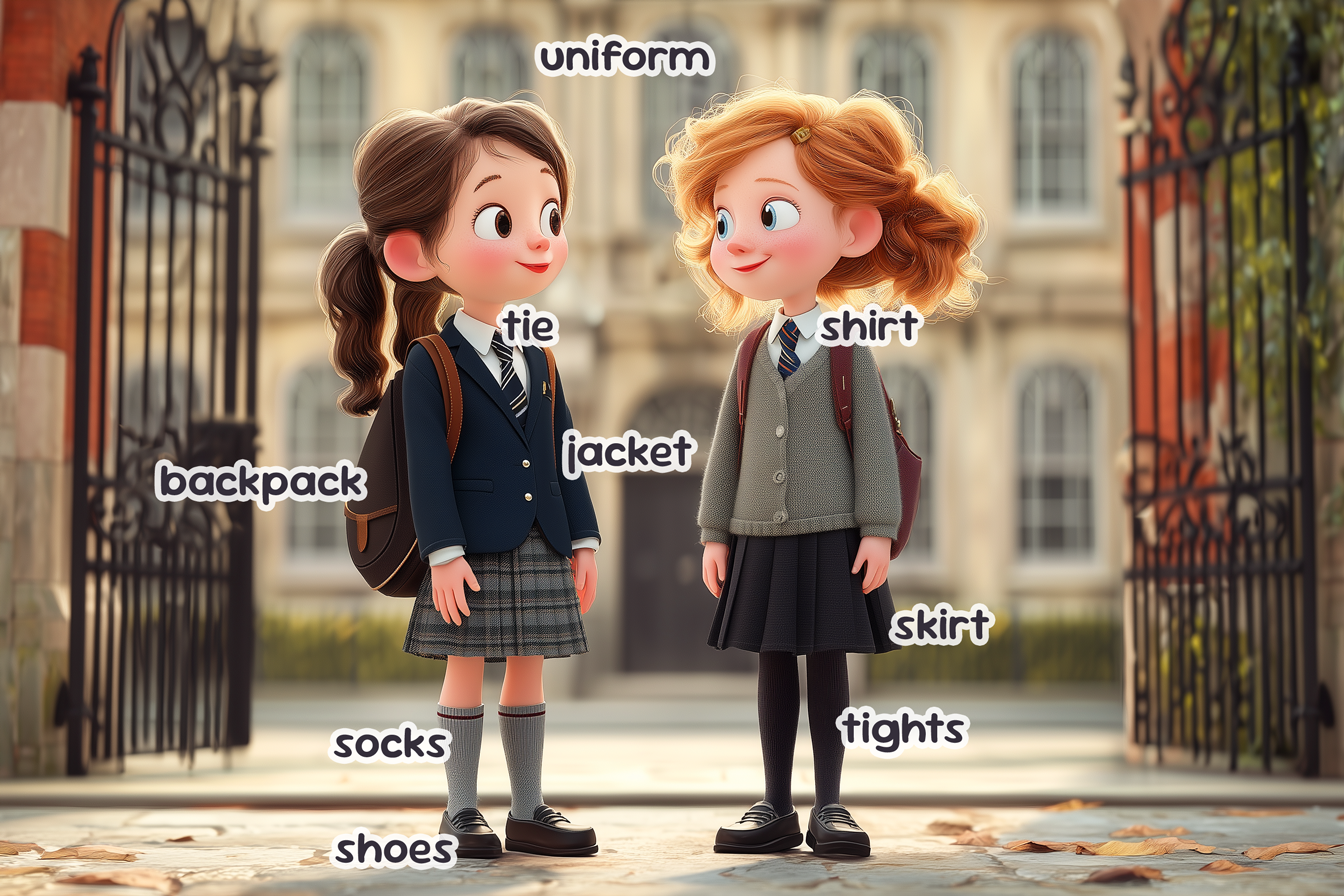 Davanti all'ingresso di una scuola vediamo due ragazzine che indossano l'uniforme della scuola, importanti capi di abbigliamento in inglese per i bambini e i ragazzi del Regno Unito