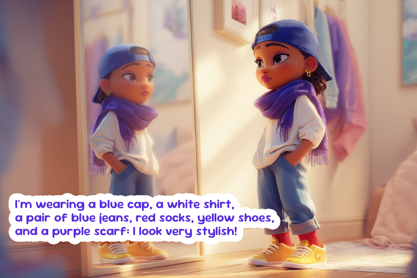 vediamo una ragazzina davanti allo specchio che dice: I'm wearing a blue cap, a white shirt, a pair of blue jeans, red socks, yellow shoes, and a purple scarf: I look very stylish! (Indosso un berretto blu, una camicia bianca, un paio di blue jeans, calze rosse, scarpe gialle e una sciarpa viola: sono elegantissima!)