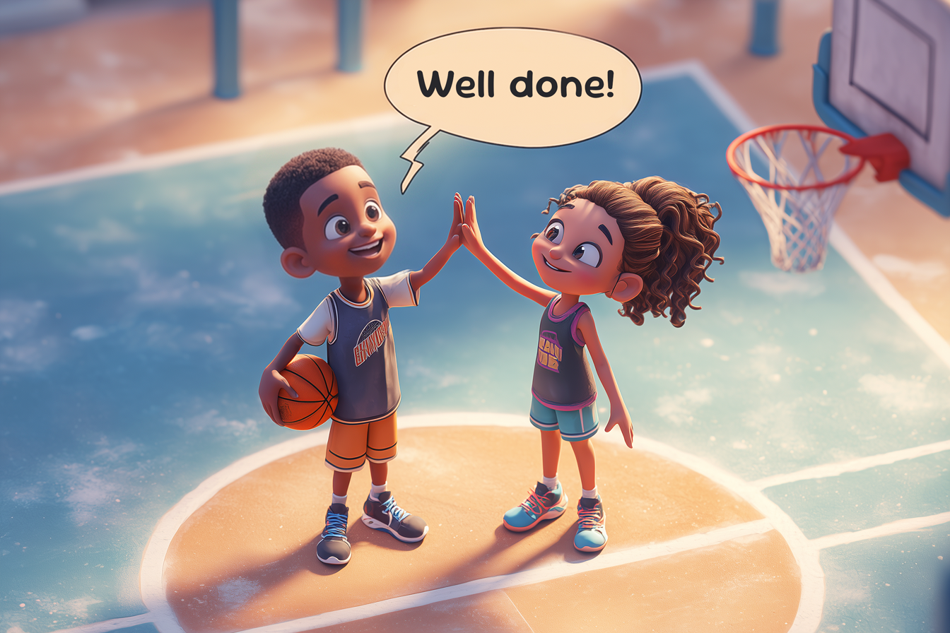 Due giocatori di pallacanestro in un playground all'aperto si battono il cinque dopo aver segnato il punto e dicono: Well done!