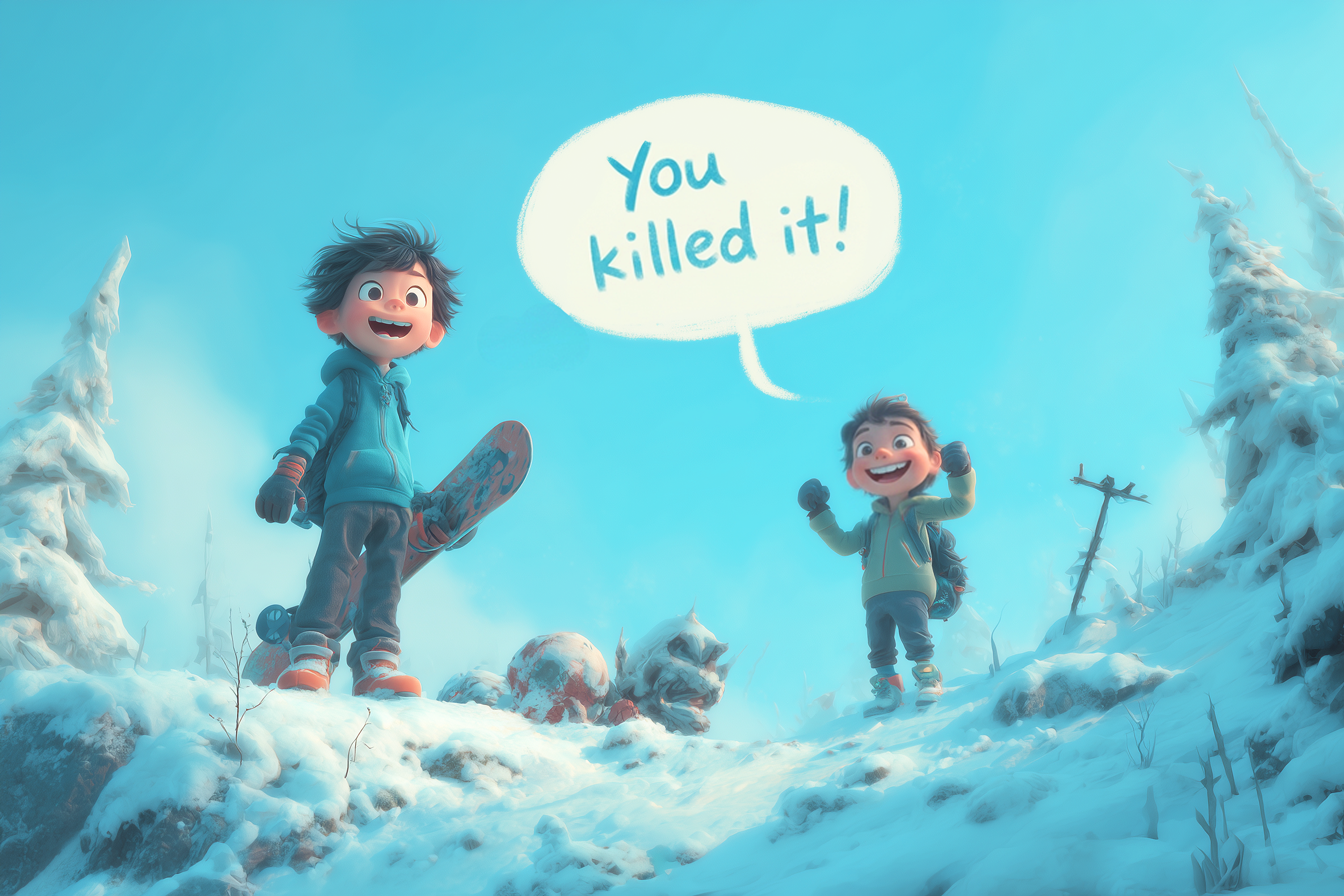Un ragazzo ha appena finito una discesa in snowboard e un suo amico gli dice: You killed it!