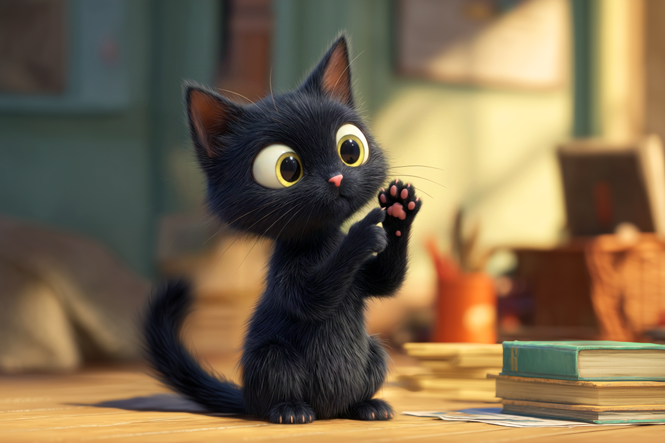 Un bellissimo gatto nero è seduto e sta contando con le dita, con espressione concentrata. Illustrazione della domanda: Un gatto quante vite ha?