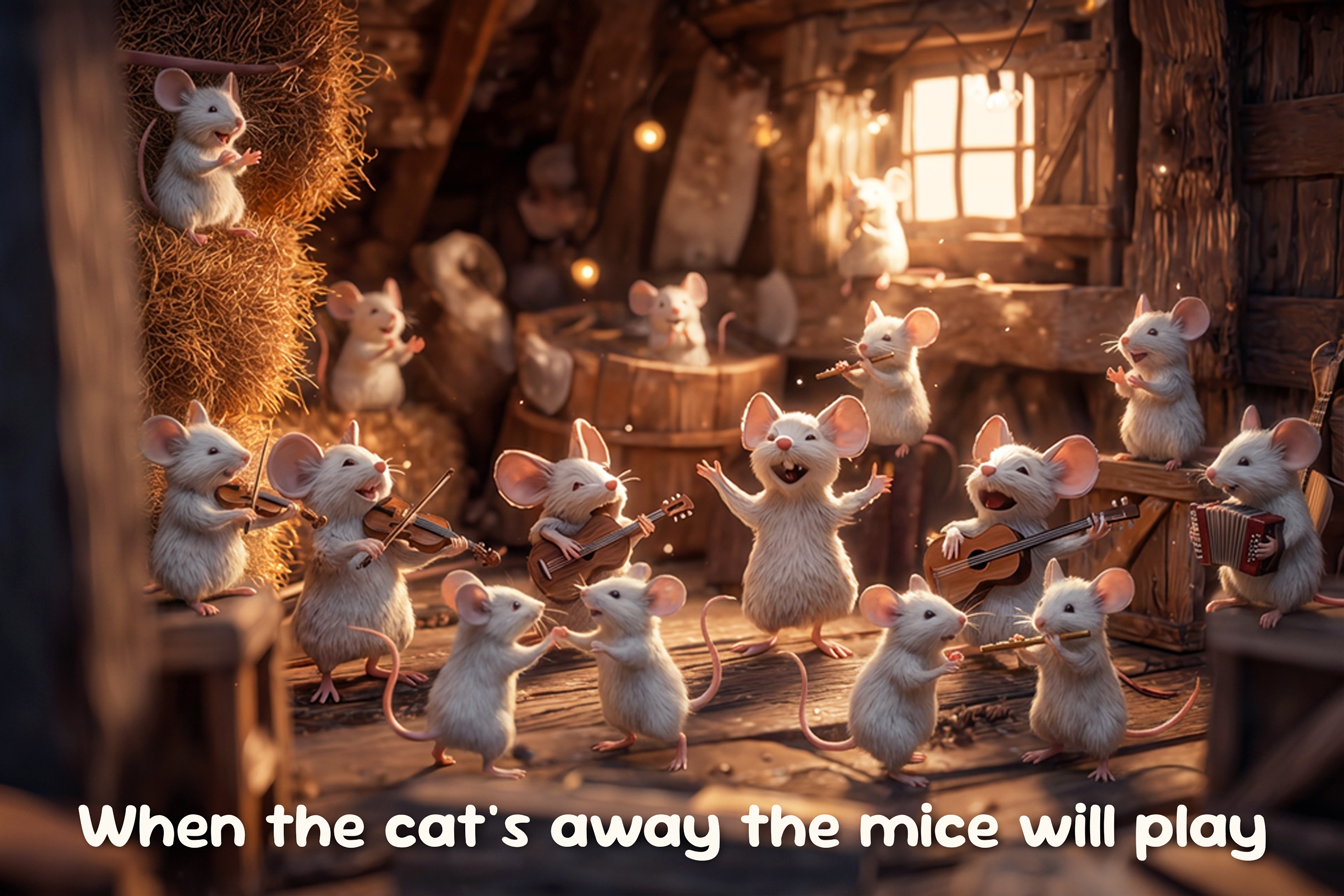Vediamo un gruppo di topi ballare, suonare, cantare. Illustrazione del proverbio When the cat's away the mice will play, uno dei più famosi modi di dire in inglese (quando il gatto non c'è i topi ballano)