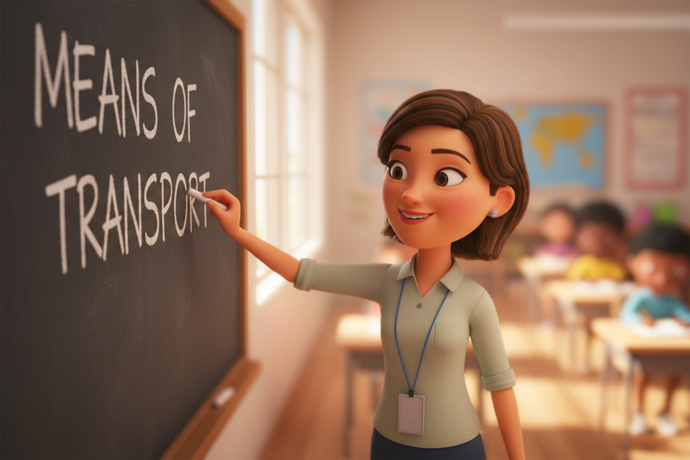 In una classe elementare vediamo la maestra che sta scrivendo alla lavagna: I mezzi di trasporto in inglese