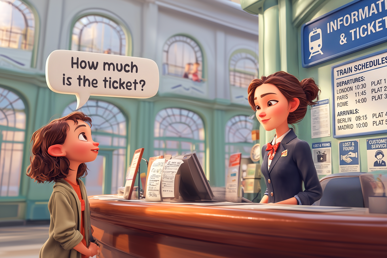 In una stazione, una ragazza chiede al banco informazioni: How much is the ticket?