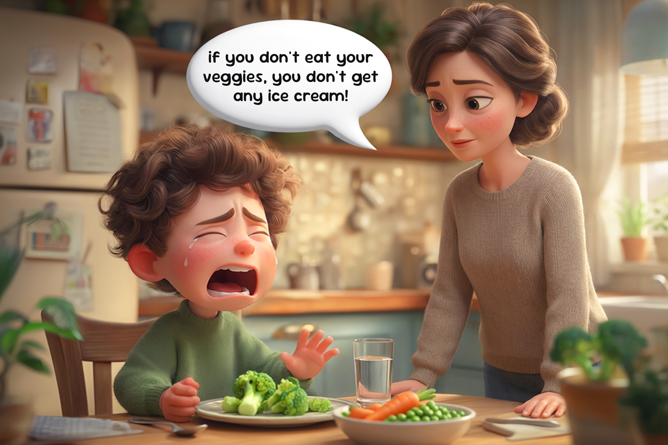 Vediamo un bambino che fa i capricci perché non vuole mangiare i broccoli. La mamma gli dice: if you don't eat your veggies, you don't get any ice cream! Verdure in inglese si dice veggies