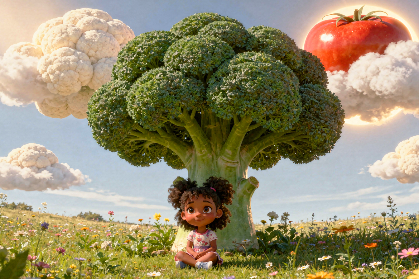 Una bambina in un prato fatto di erbe e fiori è seduta sotto un broccolo grande come un albero, mentre alcune nuvole a forma di cavolfiore sono nel cielo e nascondono il sole che in realtà e un grosso pomodoro.