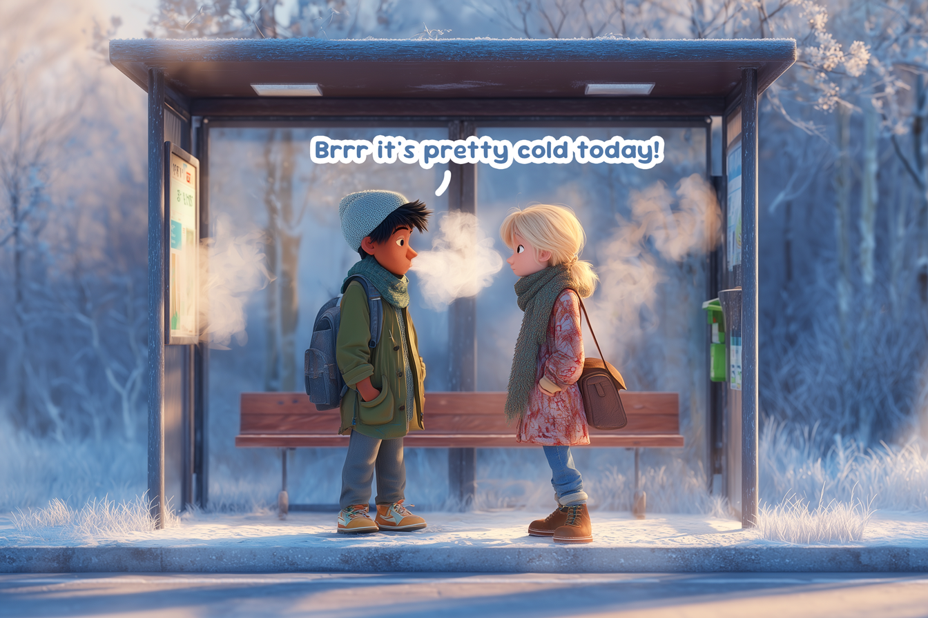 Un ragazzo e una ragazza alla fermata del bus iniziano a parlare: Brrr it's pretty cold today! parlare del meteo in inglese è un modo per fare amicizia