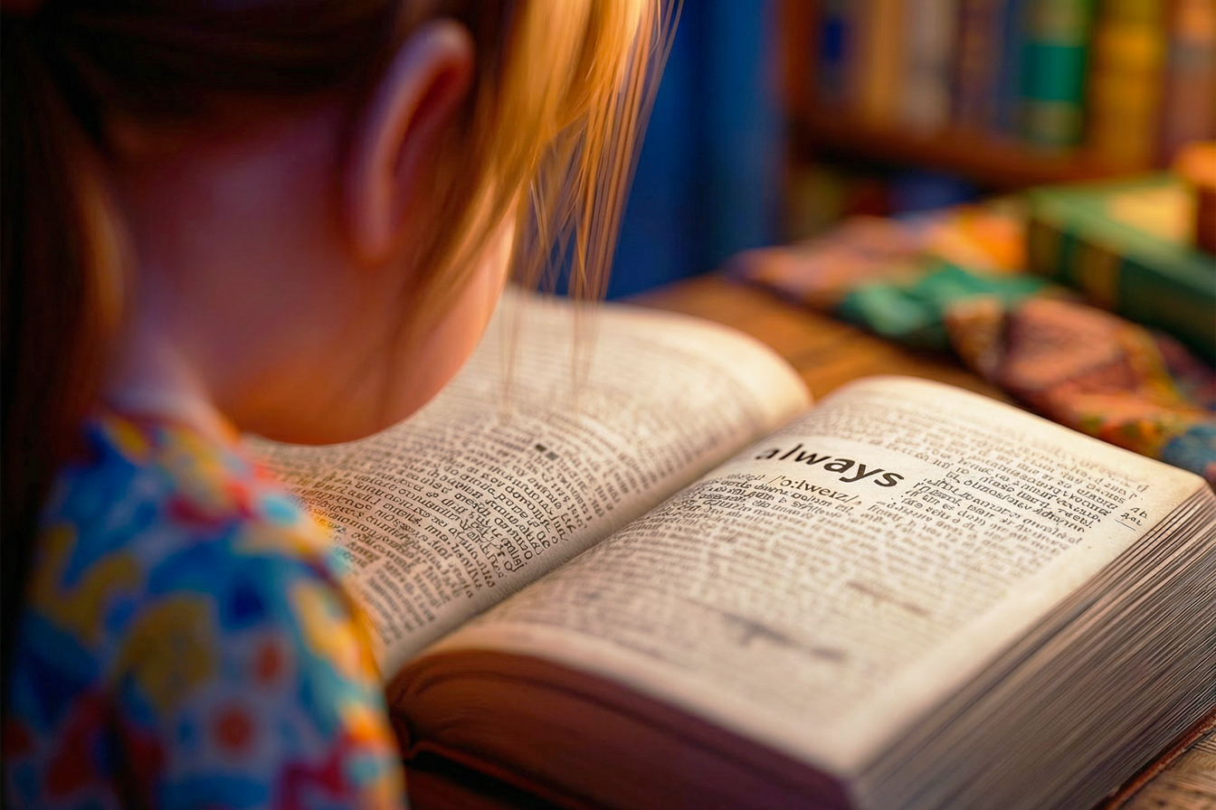 Una bambina sfoglia il dizionario per capire come si dice sempre in inglese