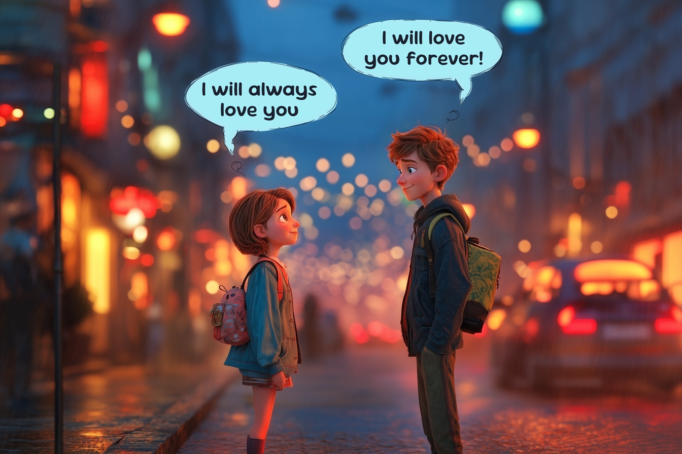 Una ragazza dice a un ragazzo: I will always love you. Il ragazzo risponde: I will love you forever!