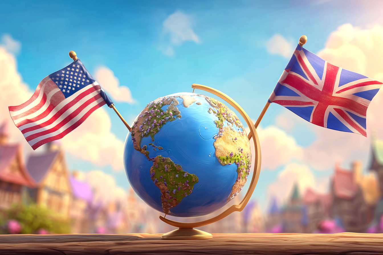 Immagine di un mappamondo su cui sono puntate due bandiere. a sinistra sventola la bandiera USA, a destra quella della Gran Bretagna, per esemplificare l'esistenza delle de varianti dell'inglese americano e dell'inglese britannico