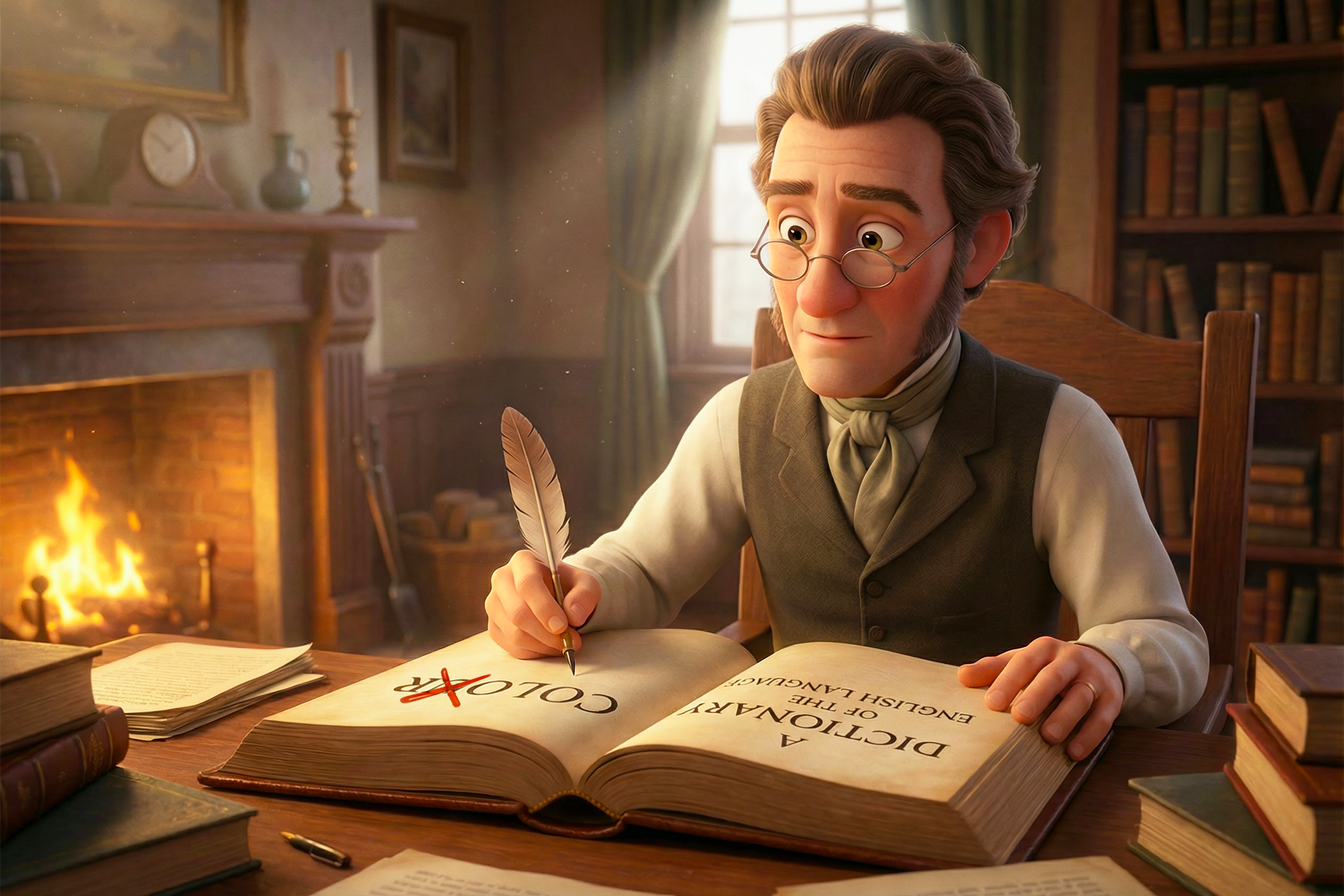 Vediamo Noah Webster in abiti del XIX secolo che sta scrivendo su un grande libro: leggiamo la parola COLOUR su cui lui ha tracciato una grande X in corrispondenza della U