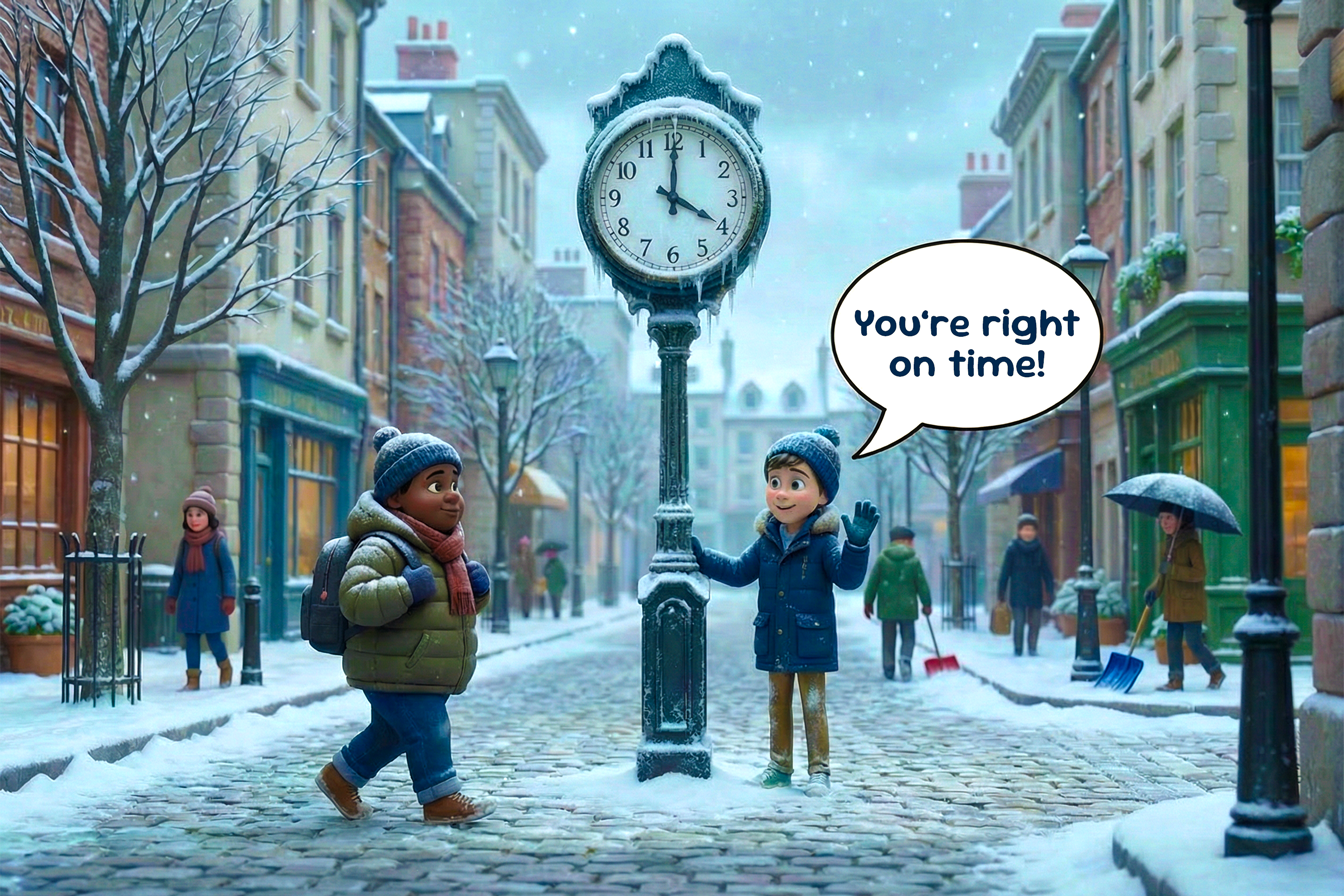 due amici si incontrano uno dice “you are right on time”