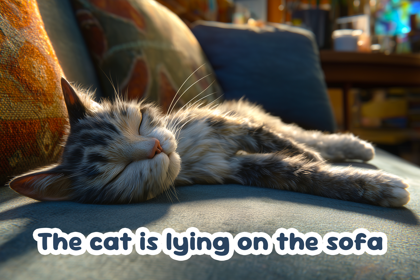 gatto sul divano scritta “the cat is lying on the sofa”