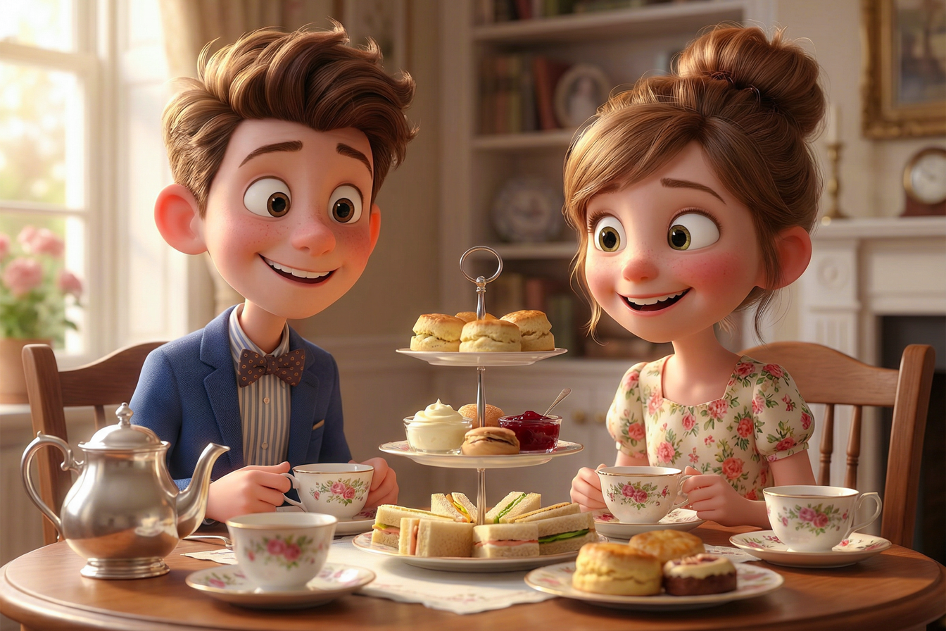 ragazzo e ragazza al tradizionale tè inglese