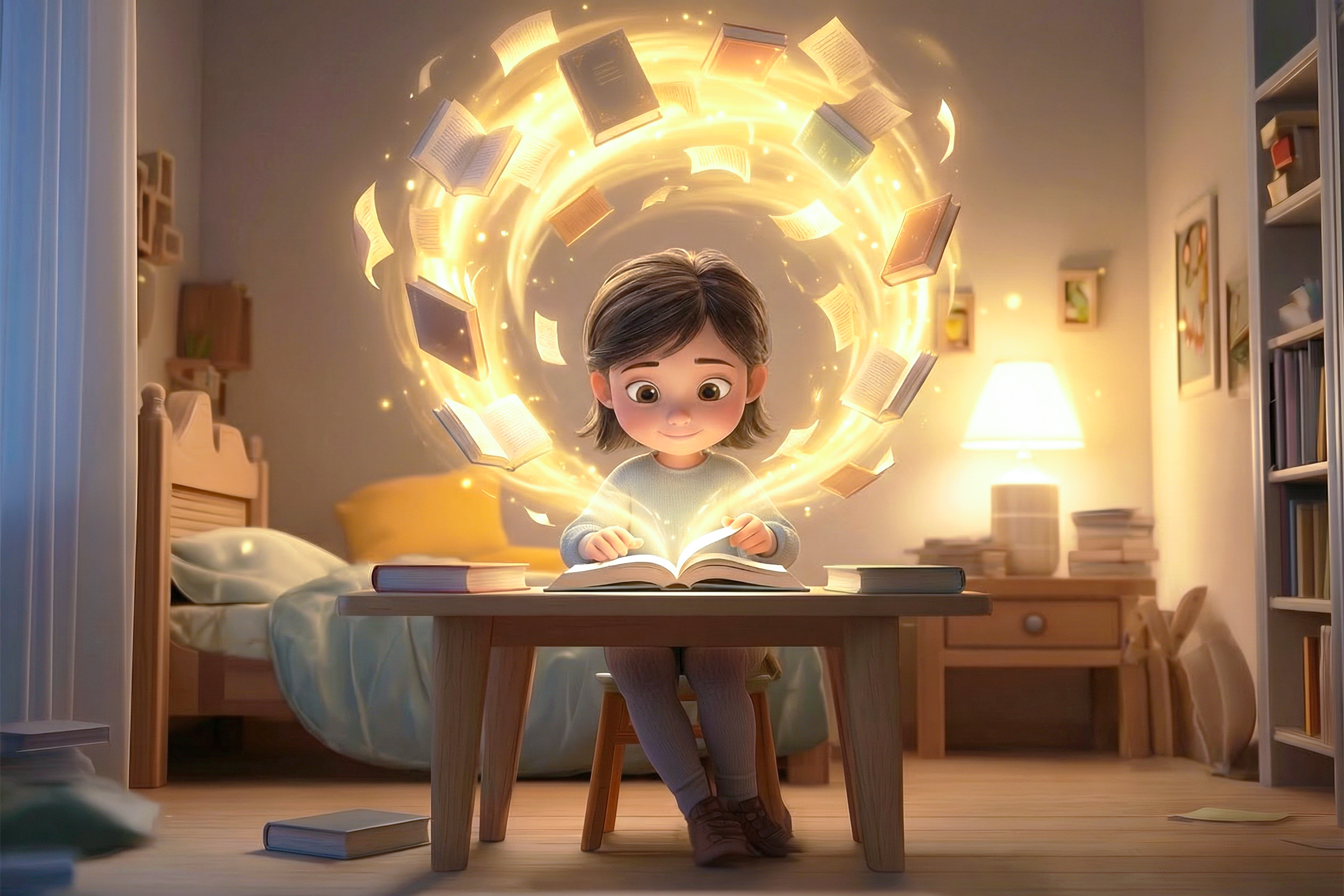 una bambina sta studiando le preposizioni in inglese e vediamo un libro sul tavolo, uno sotto, uno a destra, uno sinistra, uno in alto come in vortice, a simboleggiare il fatto che senza preposizioni le frasi sono incomprensibili