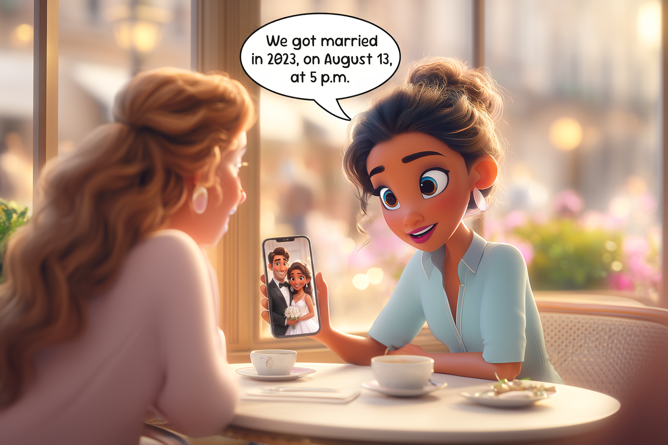 Una donna mostra una foto di matrimonio a una sua amica e dice: We got married in 2023, on August 13, at 5 p.m. Esempio uso delle preposizioni IN, ON, AT