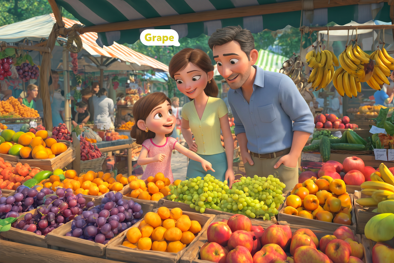 Una bambina impara i nomi della frutta in inglese al mercato con i genitori