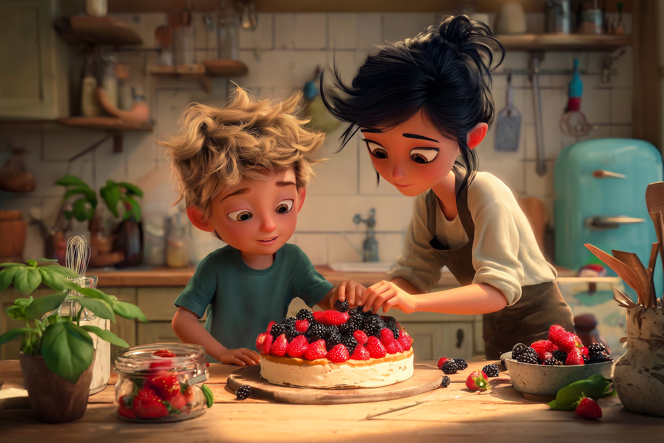 Un bambino di circa 5 anni sta preparando con la sua mamma una meravigliosa torta ai frutti di bosco