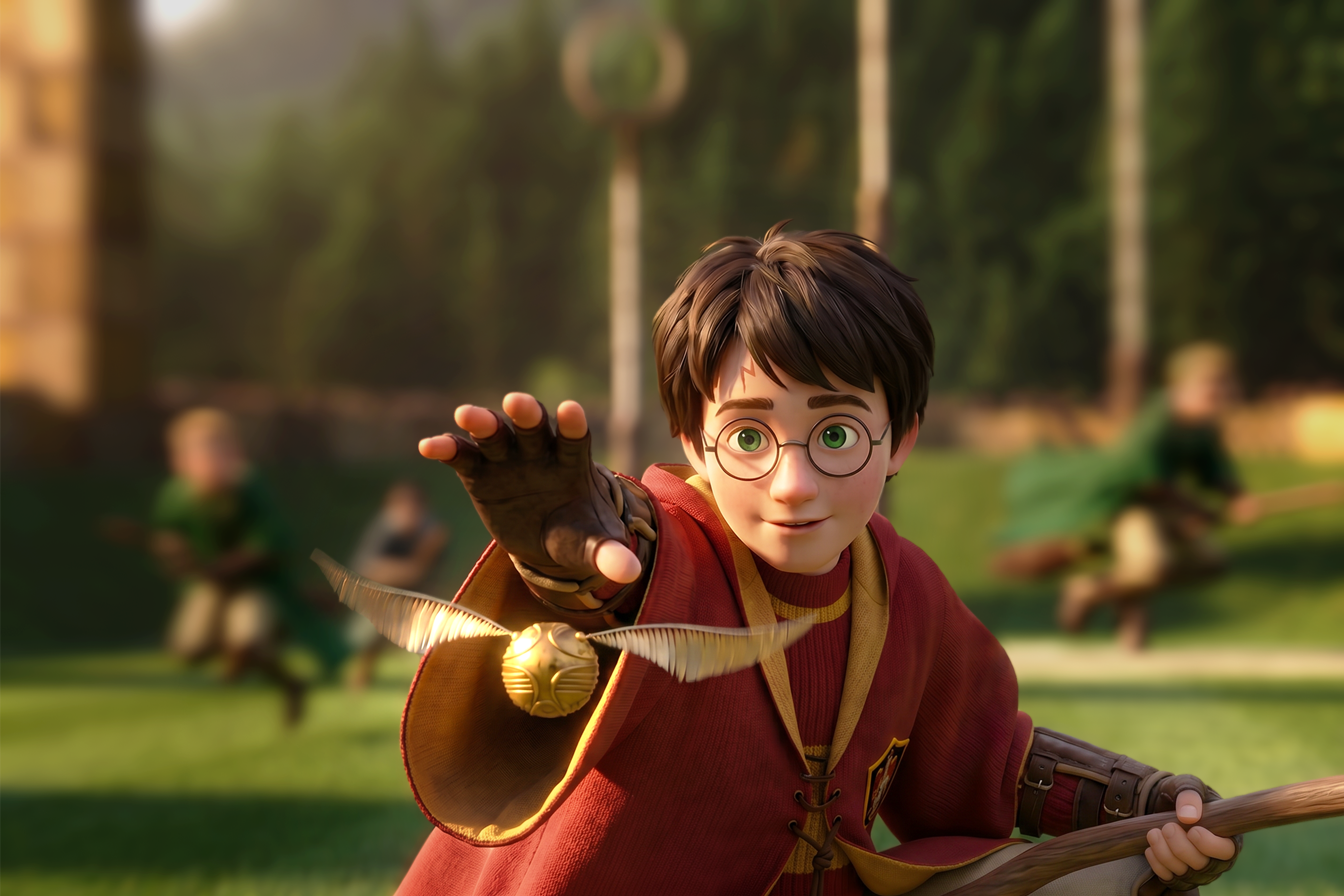 Harry Potter impegnato in una partita di Quidditch, alla rincorsa del boccino d'oro
