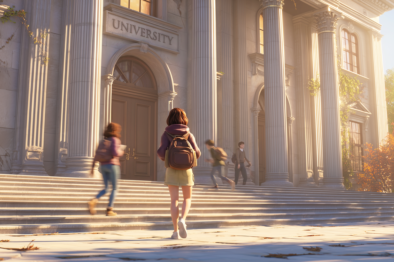 Una ragazza sta entrando in un edificio maestoso: la sua Università.