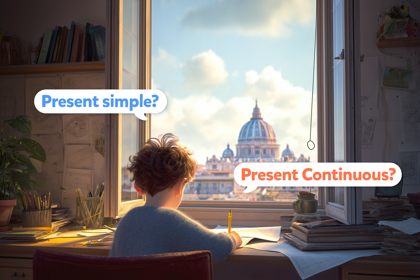 Un bambino italiano (si vede la cupola di San Pietro dalla finestra) sta studiando i present tense a casa e si chiede: Present simple? Present Continuous?