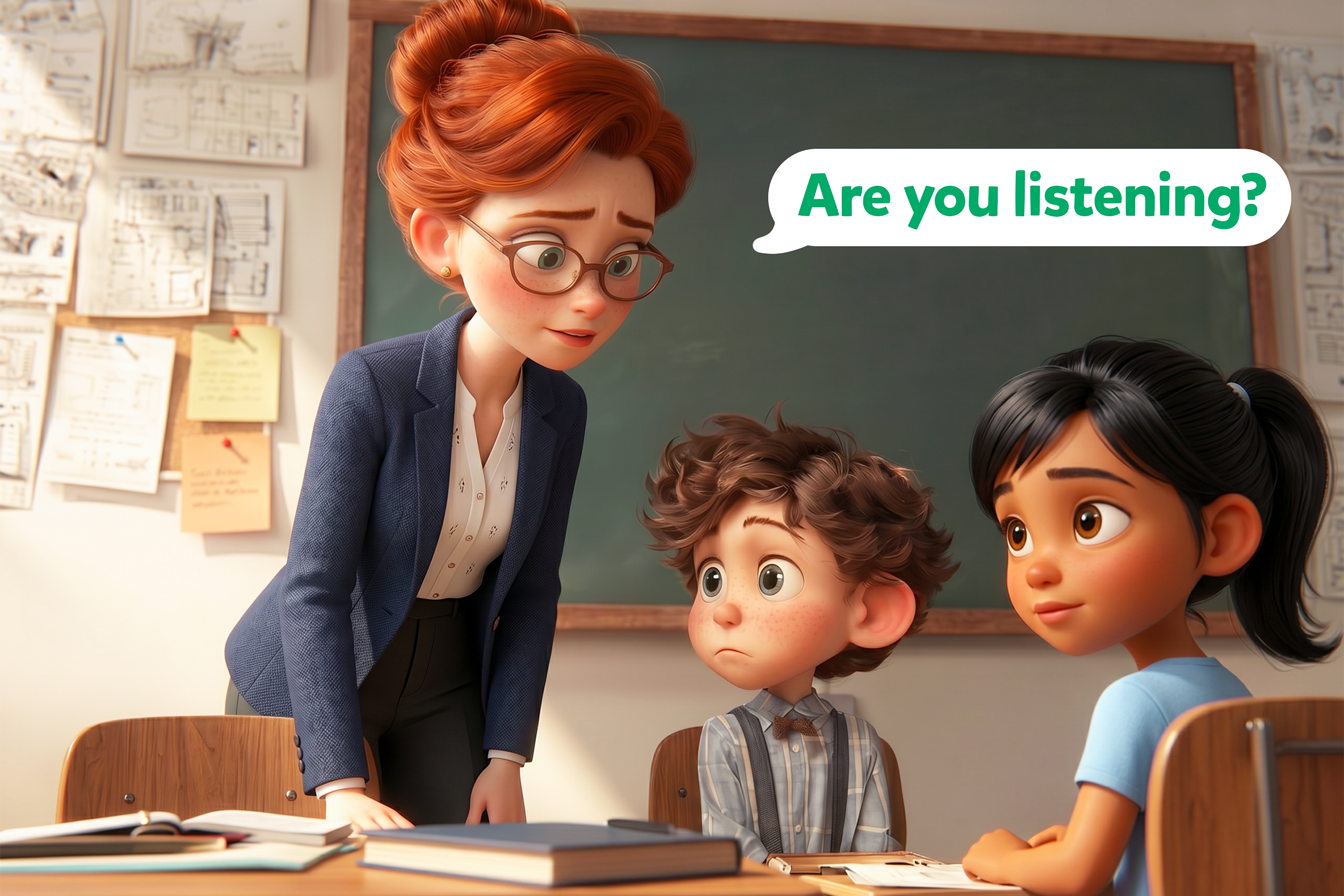 Siamo in una classe. Una maestra sgrida due bambini distratti: Are you listening? Esempo di uso del Present continuous