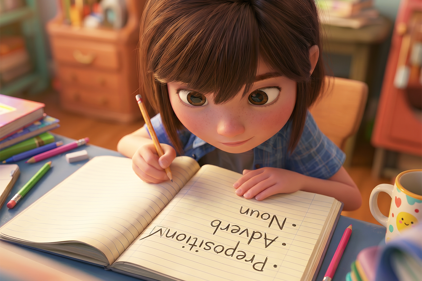 Una bambina sta studiando la preposizione By. Sul suo quaderno vediamo un elenco puntato con scritto Preposizione Avverbio Nome. La bambina ha disegnato una spunta vicino alla parola preposizione