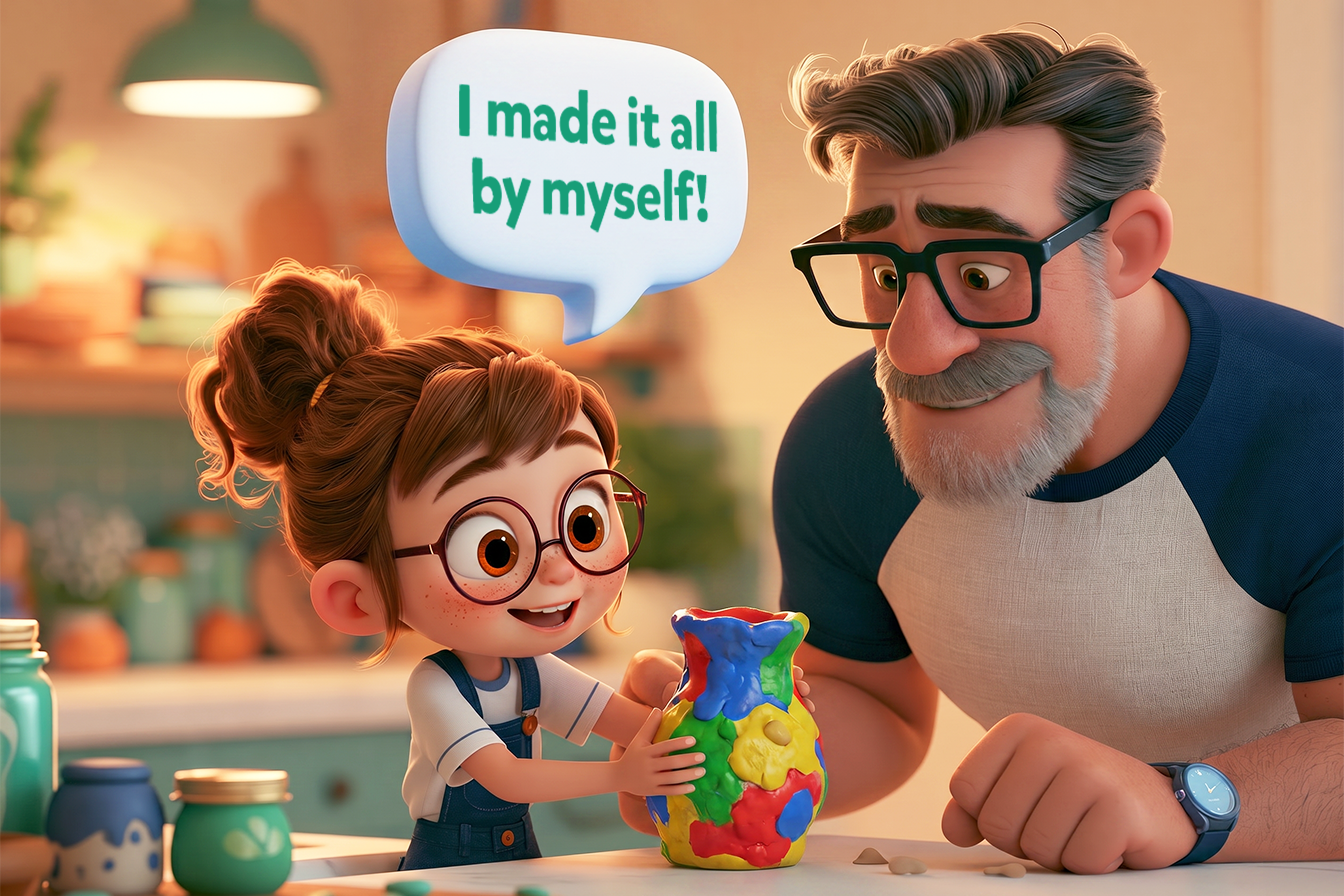 Una bambina mostra a suo papà un vaso meraviglioso ed esclama: I made it all by myself!