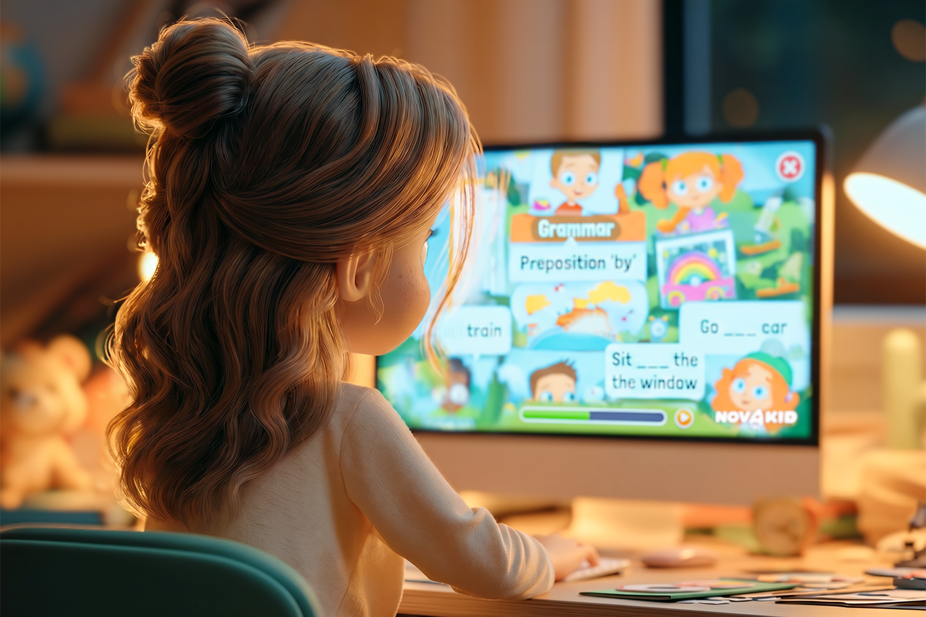 Una bambina sta facendo un esercizio sulla piattaforma Novakid