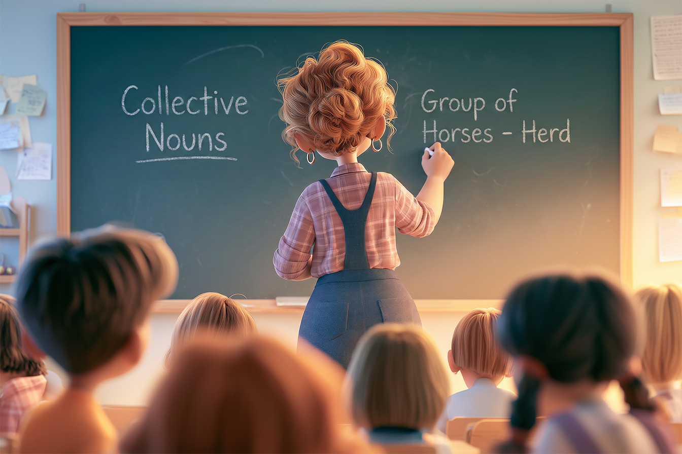 Siamo in una classe. La maestra sta scrivendo sulla lavagna: insieme di cavalli nome collettivo Herd