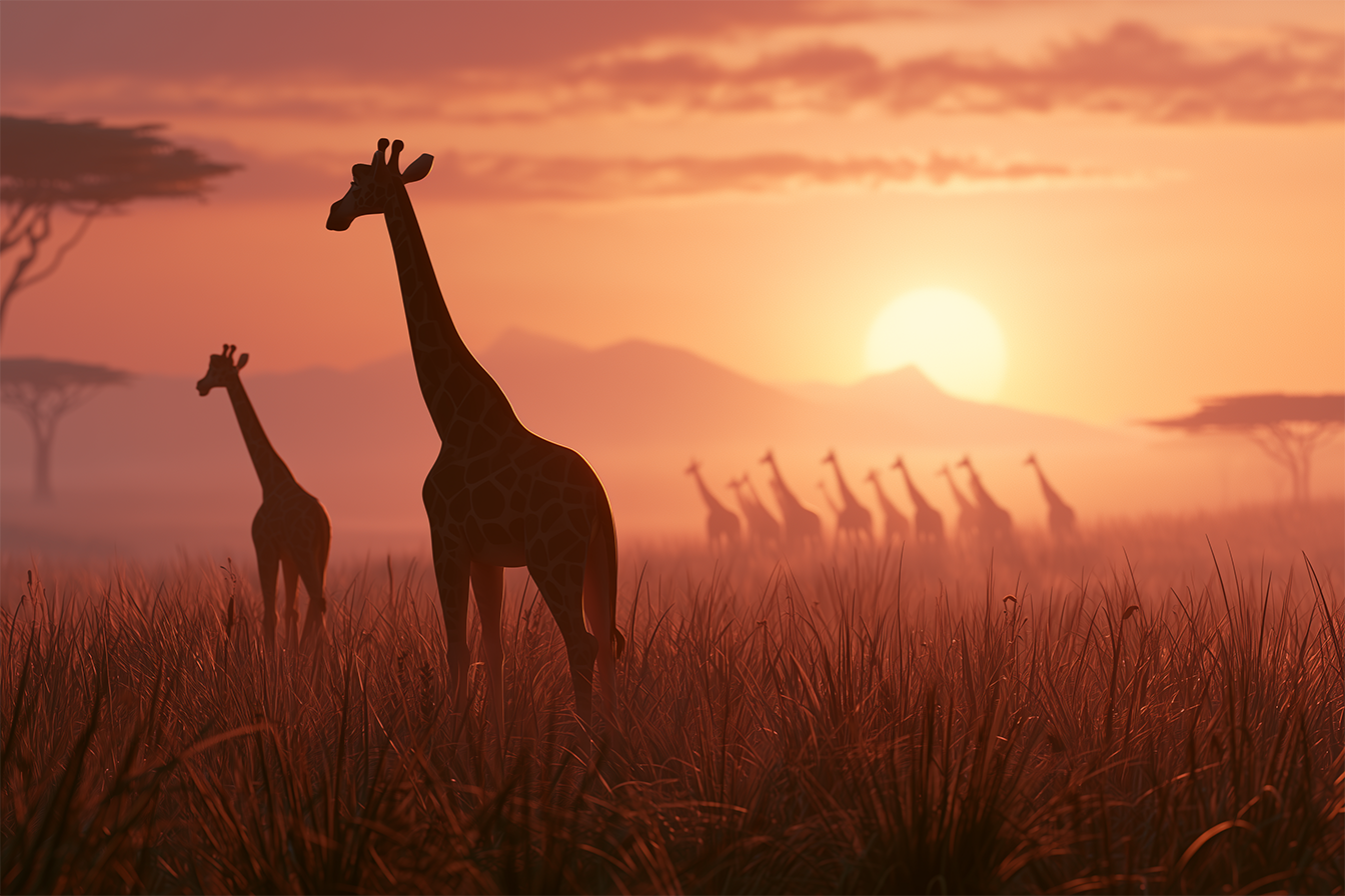 Nella savana, al tramonto, si vede in lontananza una mandria di giraffe.
