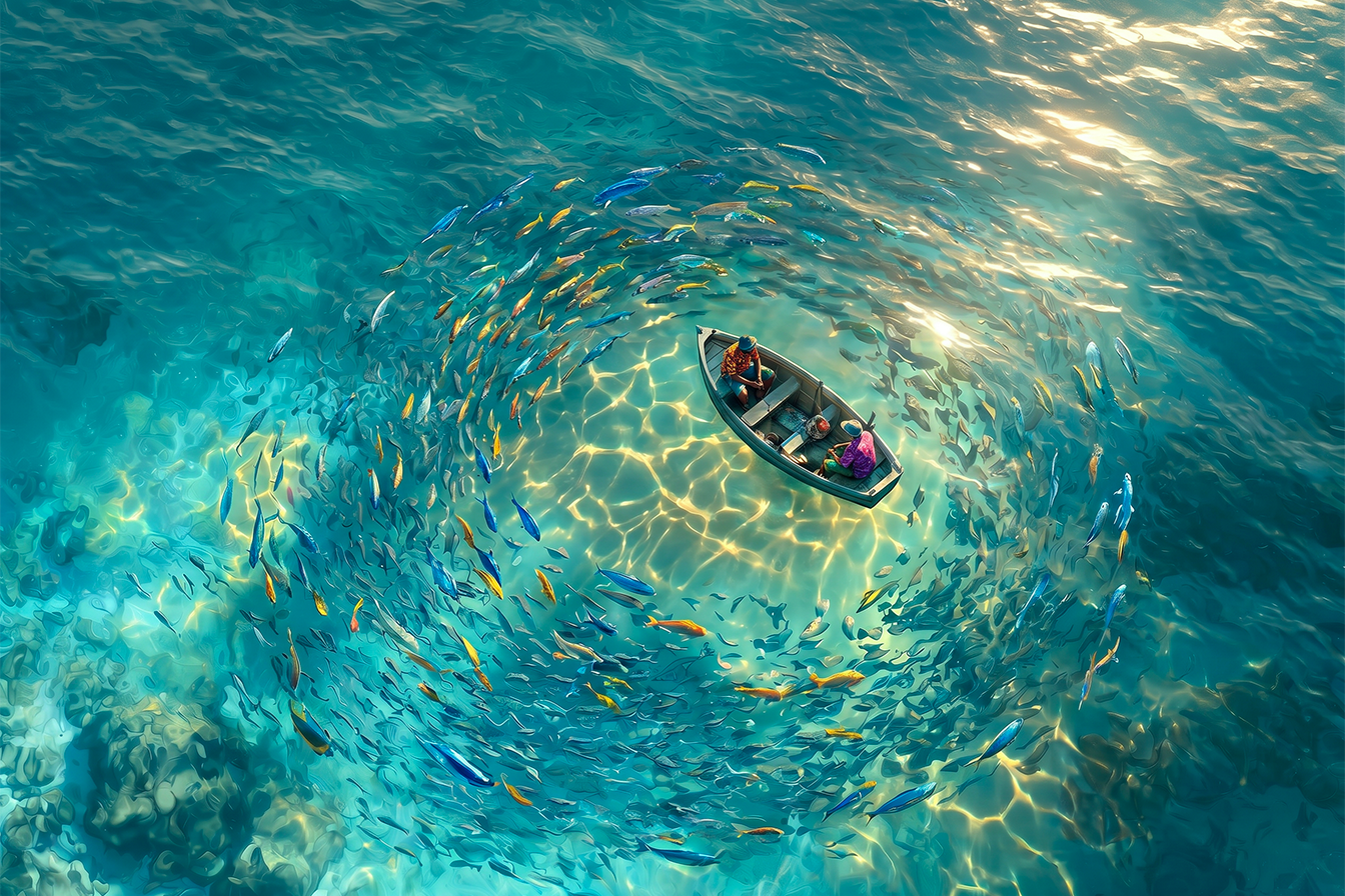 Illustrazione della frase: A school of fish was swimming under our boat