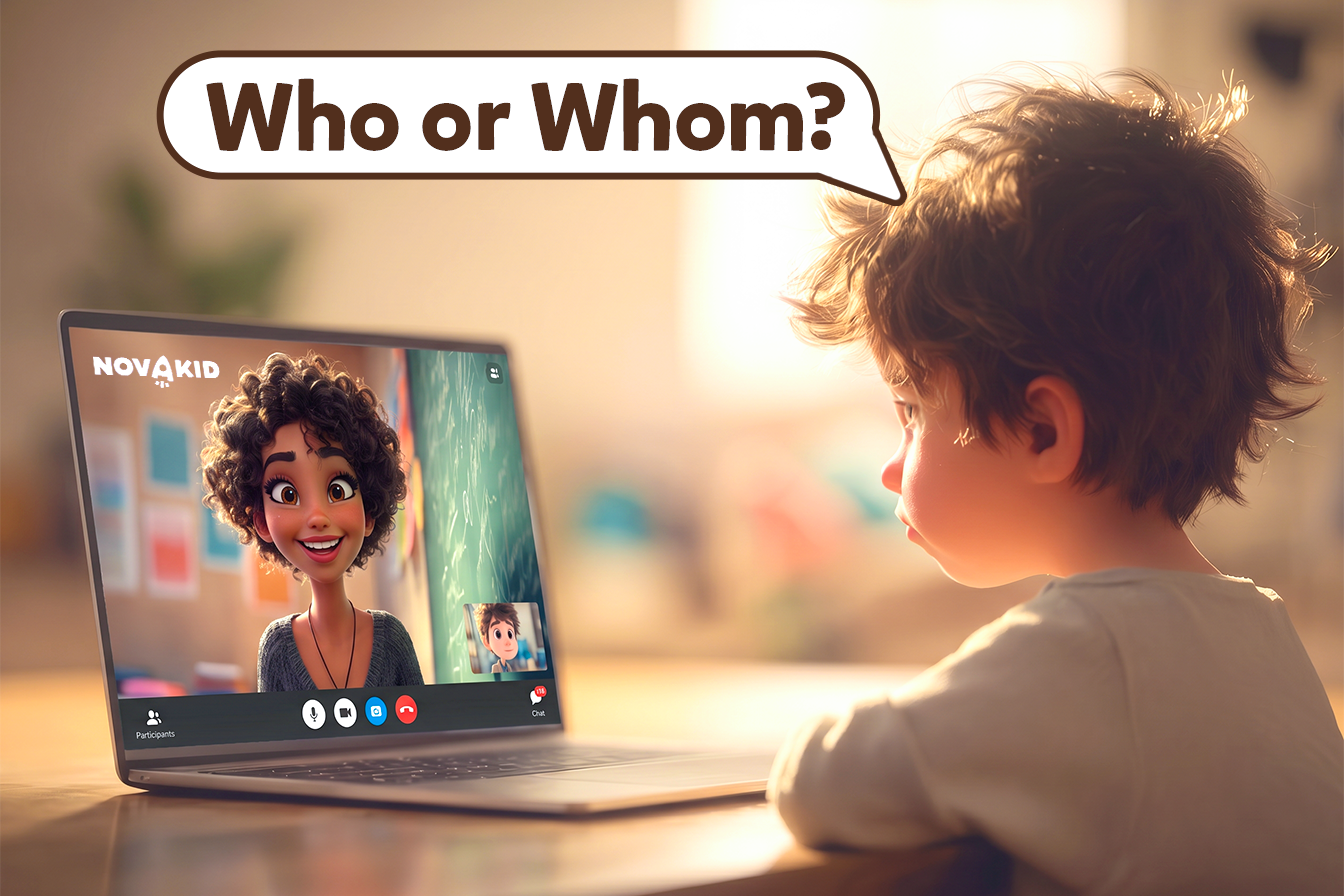Un bambino sta facendo Lezione con Novakid e chiede alla maestra: Who or Whom?
