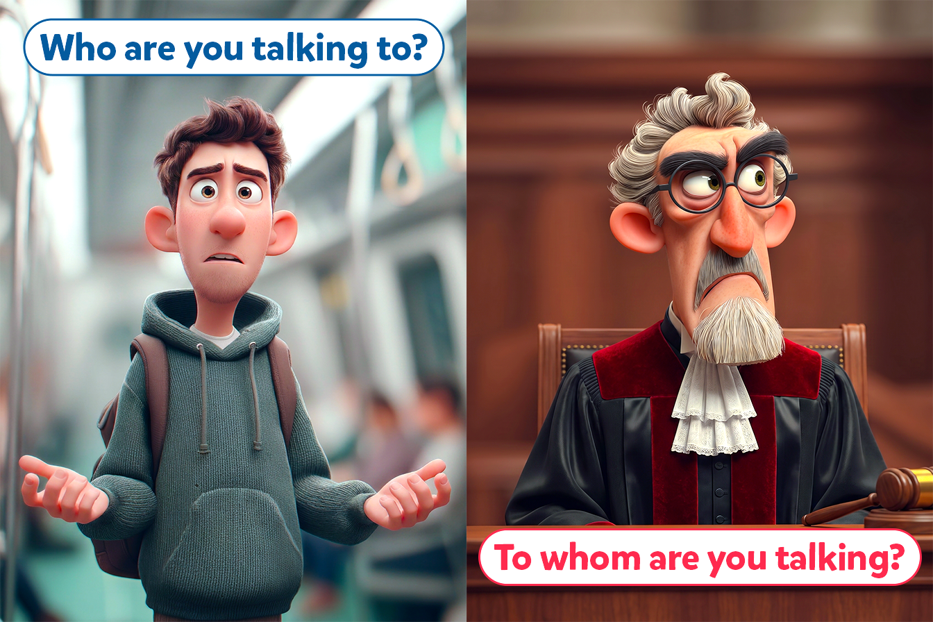 Immagine divisa in due. A sinistra vediamo un ragazzo in abiti informali che dice: Who are you talking to? A destra vediamo un giudice con la toga che dice: To whom are you talking. Esempio di uso formale / informale di Who Whom