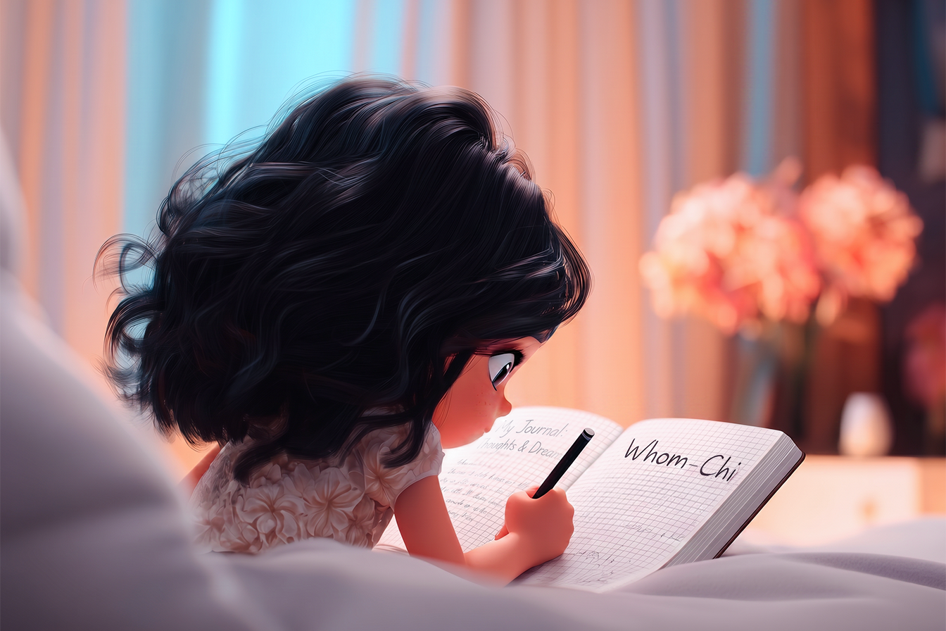 Vediamo una bambina che studia inglese e scrive sul quaderno Whom traduzione Chi
