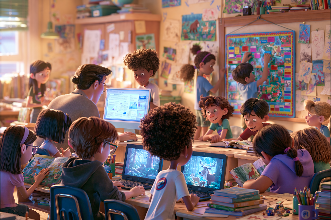vediamo una classe di Quinta elementare, alcuni bambini consultano un PC insieme al maestr, altri appendono un tabellone al muro, altri ancora leggono dei libri per preparare una ricerca sugli animali del bosco