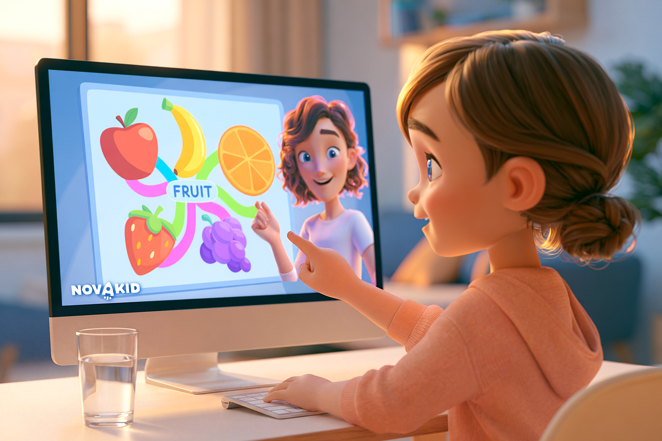 vediamo una bambina seduta davanti al pc mentre fa lezione con una insegnante Novakid: stanno costruendo una mappa mentale sulla frutta in inglese