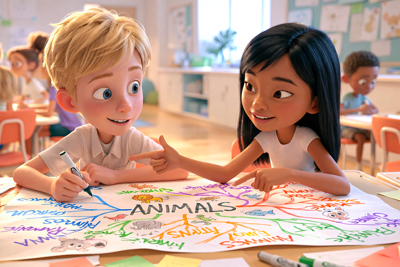 un bambino e una bambina di circa 10 anni lavorano insieme a una mappa mentale in inglese sugli animali