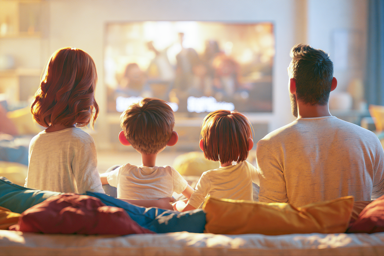 Immagine di una famiglia che guarda una serie TV in inglese per aiutare i due ragazzi (un maschio e una femmina di circa 10 anni) a superare il loro esame di inglese livello b1