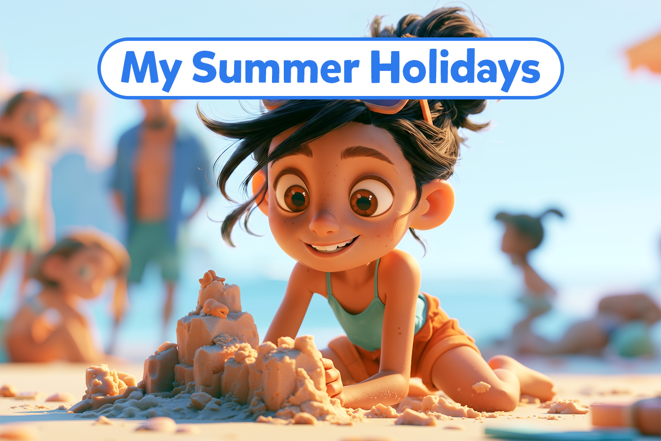 bambina fa i castelli di sabbia frase “My summer holidays”