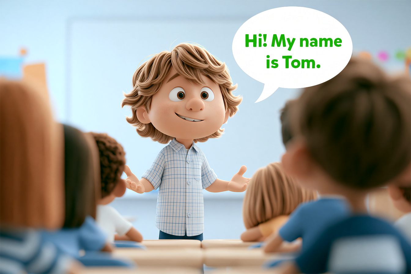 bambino si presenta a scuola “Hi, my name is Tom”