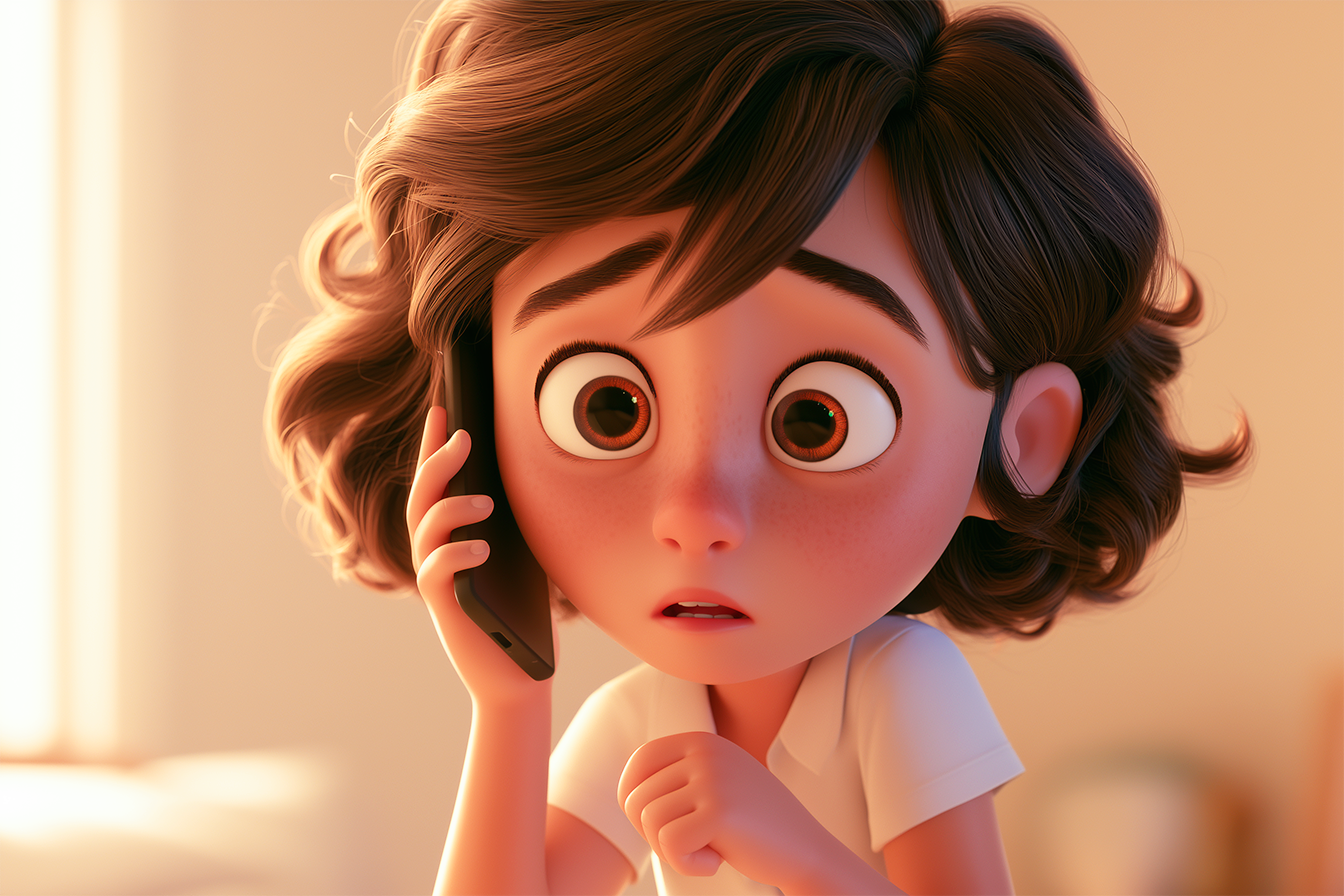 Una bambina ha in mano un telefono e l'aria visibilmente preoccupata perché deve telefonare inglese
