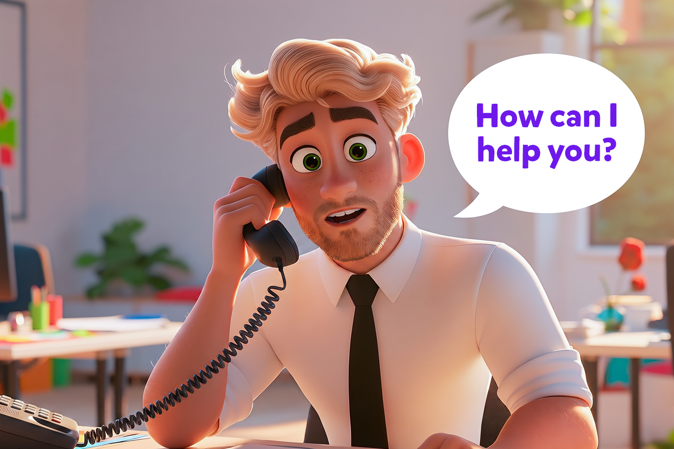 In un ufficio, vediamo un impiegato rispondere al telefono inglese