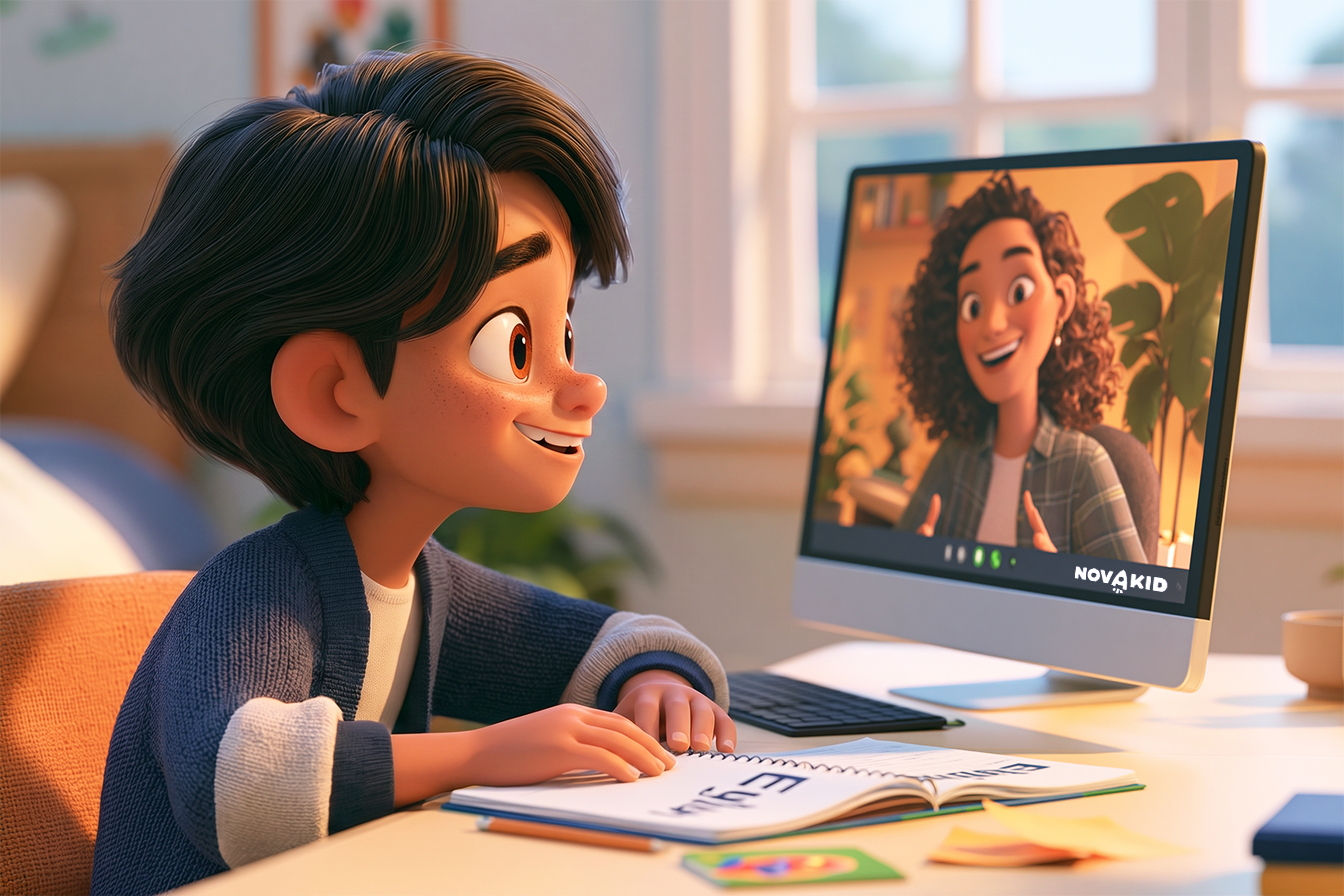 Un bambino di circa 10 anni sta facendo una lezione di inglese online con un'insegnante Novakid