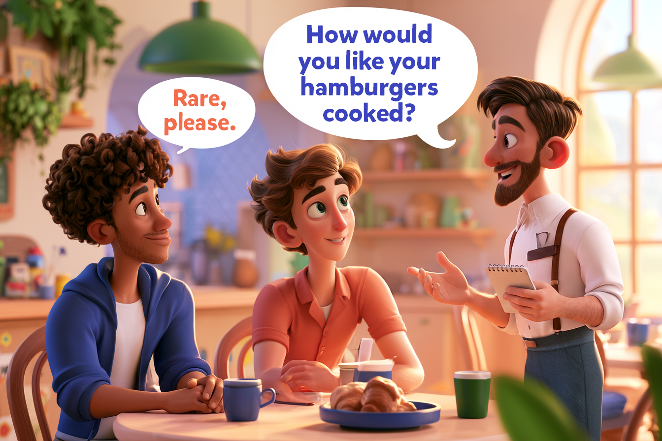 Un cameriere sta chiedendo a una coppia di ragazzi di circa venti anni come vogliono la cottura carne in inglese. - How would you like your hamburgers cooked? - Rare, please.
