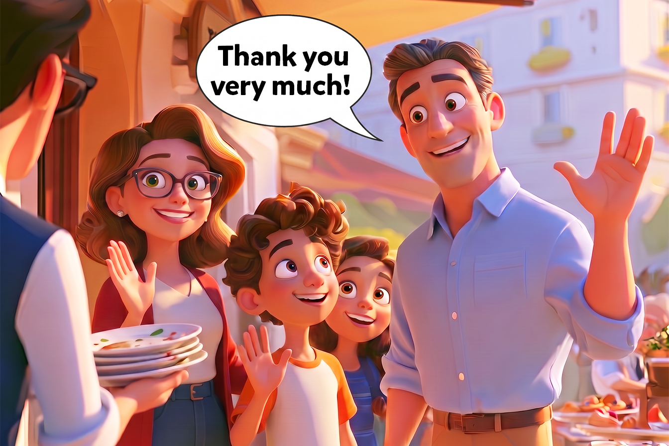 Una famiglia ha appena finito di mangiare al ristorante. Mentre stanno uscendo, il papà si gira verso il cameriere di dice : thank you very much! Gli altri membri della famiglia sorridono con gentilezza.