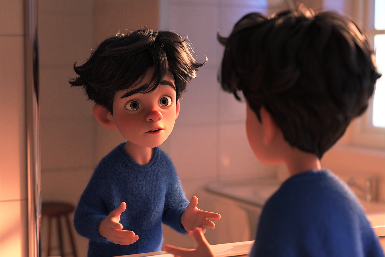 Un bambino sta parlando da solo davanti allo specchio per superare la sua paura di sbagliare