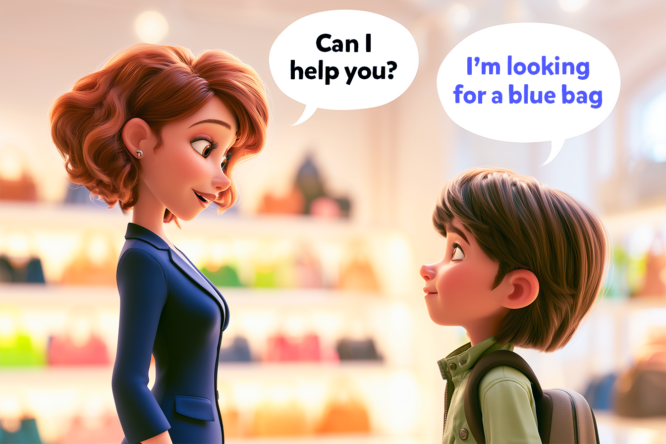 In un negozio, una ragazzina entra e la commessa le chiede Can I help you? La ragazzina risponde: I am looking for a blue bag. Esempi di frasi base per fare shopping in inglese