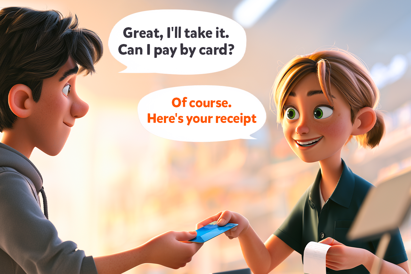 n ragazzo è alla cassa di un negozio e porge la sua carta di credito alla commessa per pagare. Illustrazione dell frasi Customer: Great, I'll take it. Can I pay by card? Shop assistant: Of course. Here's your receipt. Illustrazione di situazione tipica per imparare a comprare in inglese