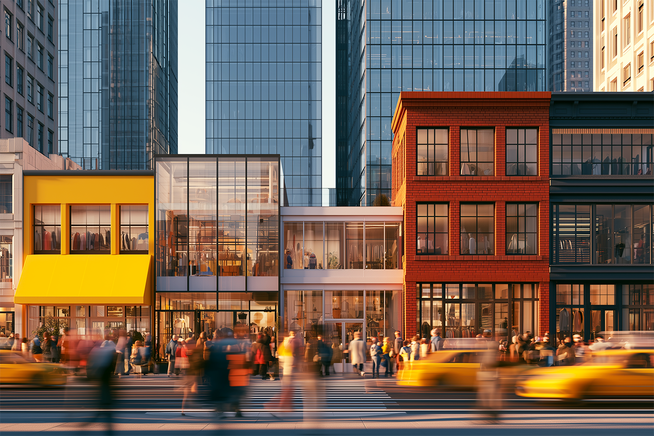 esempio di immagini shopping: una vivace via commerciale a New York, con persone che fanno shopping e negozi di abbigliamento.